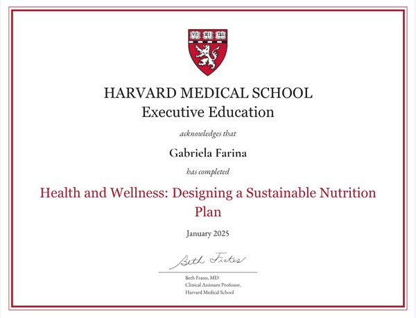 The Harvard Medical School Executive Education certificate for Health and Wellness: Designing a Sustainable Nutrition Plan, dated January 2025.