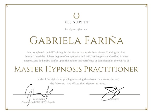 The Yes Supply certificate for Master Hypnosis Practitioner.