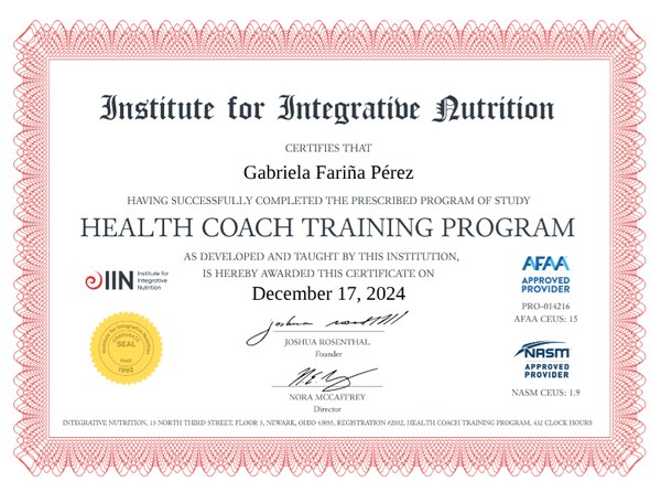 The Institute for Integrative Nutrition certificate for the Health Coach Training Program, dated 17 December 2024.