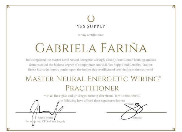 The Yes Supply certificate for Master Neural Energetic Wiring Practitioner.