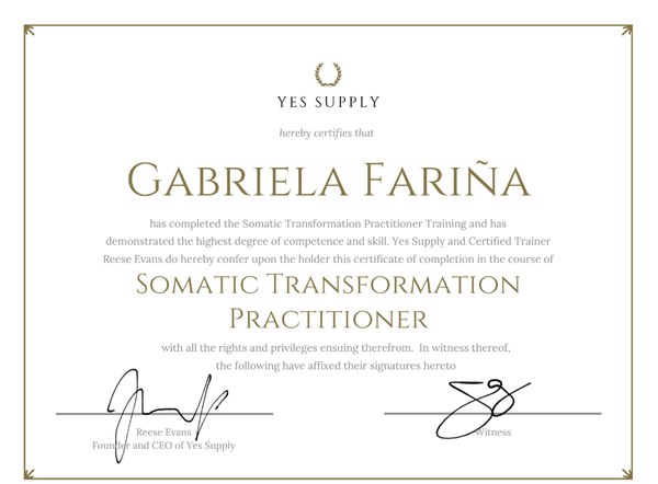 The Yes Supply certificate for Somatic Transformation Practitioner.