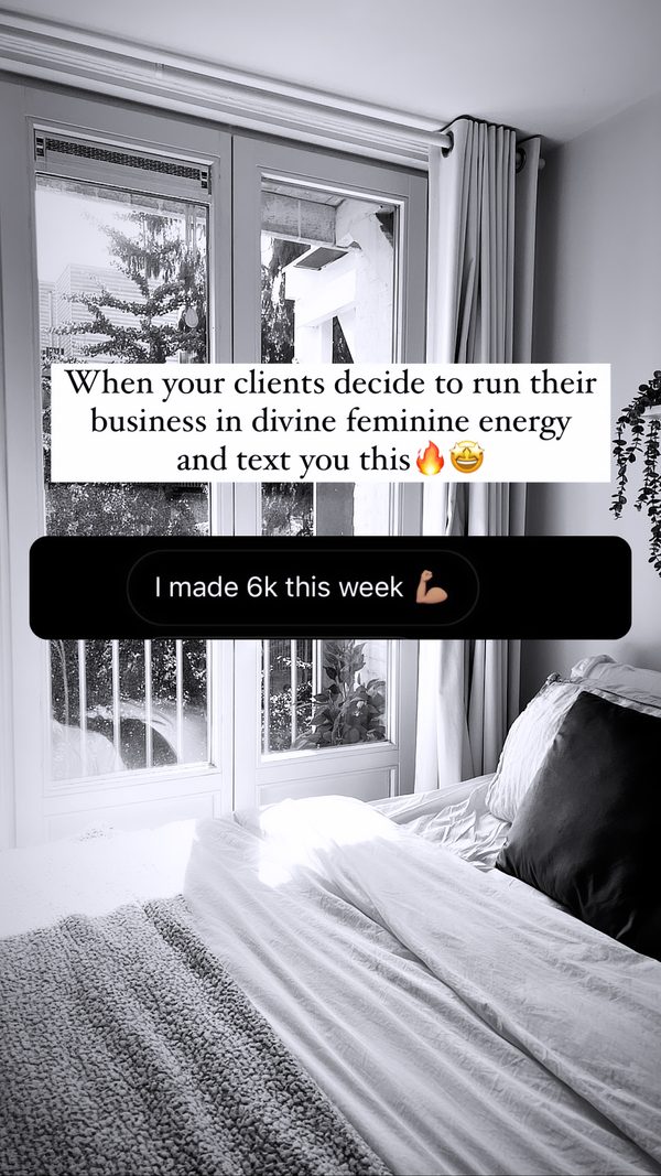 A story screenshot over a photograph of a bedroom in daylight: When your clients decide to run their business in divine feminine energy and text you this. I made 6k this week.